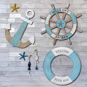 Nautical Wooden Wall Decor Set – Anchor, Helm & Lifebuoy Ocean Theme Hanging Decoration